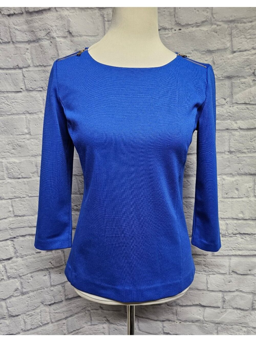 Ann Taylor XS Royal Blue Zip Shoulder 3/4 Sleeve Blouse Top Slim Fit